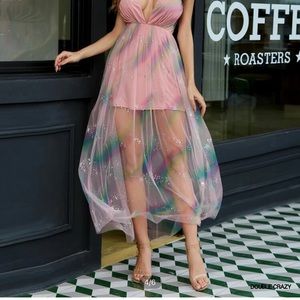 Criss cross strap  Rainbow Sheer Dress